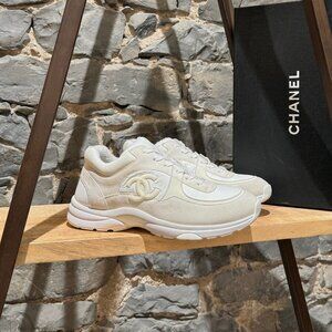 Chanel White Ivory Suede Nylon CC Reflective Low-top Sneakers